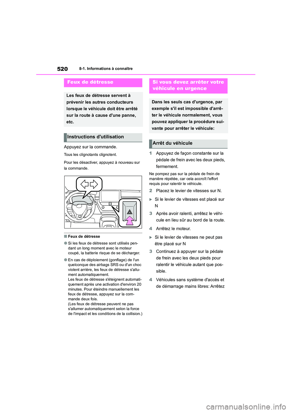 TOYOTA COROLLA HATCHBACK 2022  Notices Demploi (in French) 5208-1. Informations à connaître
8-1.Informations à connaître
Appuyez sur la commande.
Tous les clignotants clignotent. 
Pour les désactiver, appuyez à nouveau sur  
la commande.
■Feux de dét TOYOTA COROLLA HATCHBACK 2022  Notices Demploi (in French) 5208-1. Informations à connaître
8-1.Informations à connaître
Appuyez sur la commande.
Tous les clignotants clignotent. 
Pour les désactiver, appuyez à nouveau sur  
la commande.
■Feux de dét
