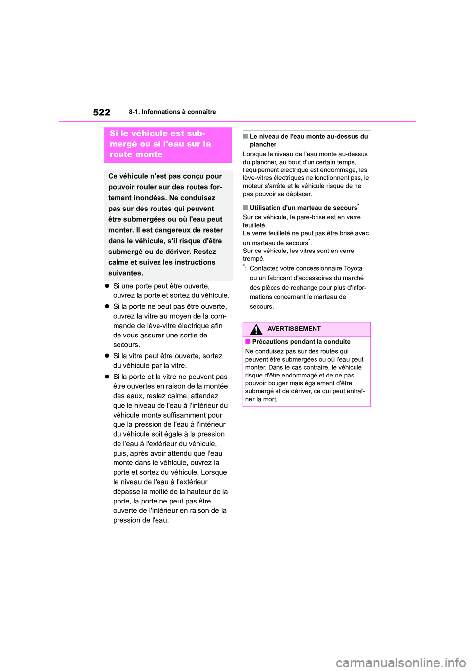 TOYOTA COROLLA HATCHBACK 2022  Notices Demploi (in French) 5228-1. Informations à connaître
Si une porte peut être ouverte,  
ouvrez la porte et sortez du véhicule. 
 Si la porte ne peut pas être ouverte,  
ouvrez la vitre au moyen de la com-
mande TOYOTA COROLLA HATCHBACK 2022  Notices Demploi (in French) 5228-1. Informations à connaître
Si une porte peut être ouverte,  
ouvrez la porte et sortez du véhicule. 
 Si la porte ne peut pas être ouverte,  
ouvrez la vitre au moyen de la com-
mande