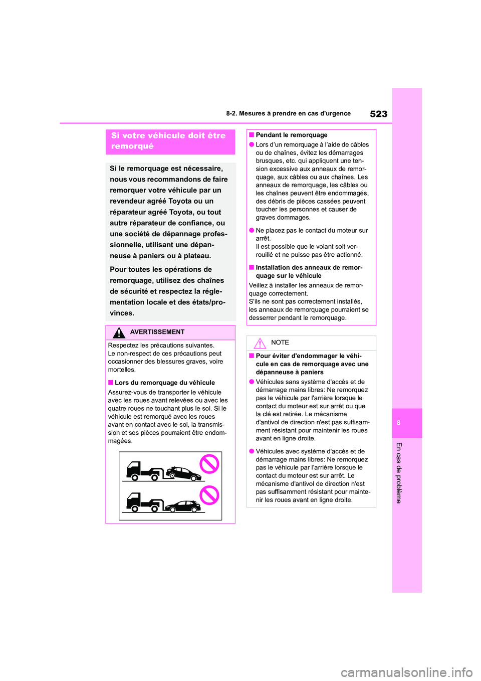 TOYOTA COROLLA HATCHBACK 2022  Notices Demploi (in French) 523
8 
8-2. Mesures à prendre en cas durgence
En cas de problème
8-2.Mesures à prendre en cas durgenceSi votre véhicule doit être  
remorqué
Si le remorquage est nécessaire,  
nous vous recom TOYOTA COROLLA HATCHBACK 2022  Notices Demploi (in French) 523
8 
8-2. Mesures à prendre en cas durgence
En cas de problème
8-2.Mesures à prendre en cas durgenceSi votre véhicule doit être  
remorqué
Si le remorquage est nécessaire,  
nous vous recom