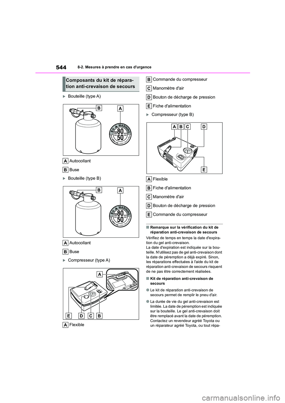 TOYOTA COROLLA HATCHBACK 2022  Notices Demploi (in French) 5448-2. Mesures à prendre en cas durgence
Bouteille (type A) 
Autocollant 
Buse
Bouteille (type B) 
Autocollant 
Buse
Compresseur (type A) 
Flexible 
Commande du compresseur 
Manomètre da