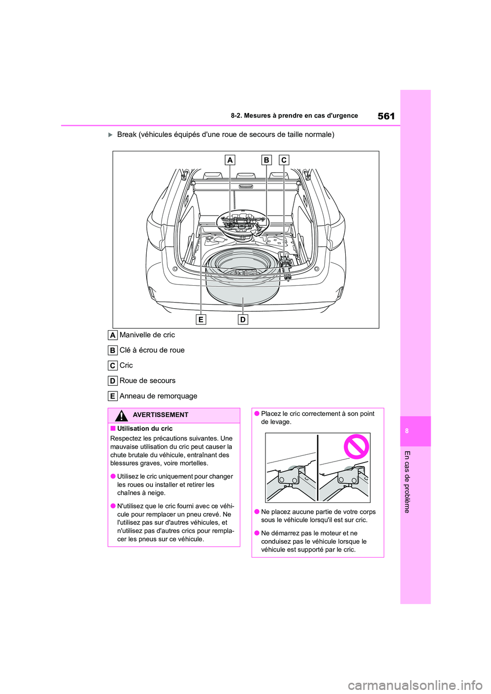 TOYOTA COROLLA HATCHBACK 2022 Notices Demploi (in French) 561
8
8-2. Mesures à prendre en cas durgence
En cas de problème
Break (véhicules équipés dune roue de secours de taille normale)
Manivelle de cric
Clé à écrou de roue
Cric
Roue de sec TOYOTA COROLLA HATCHBACK 2022 Notices Demploi (in French) 561
8
8-2. Mesures à prendre en cas durgence
En cas de problème
Break (véhicules équipés dune roue de secours de taille normale)
Manivelle de cric
Clé à écrou de roue
Cric
Roue de sec