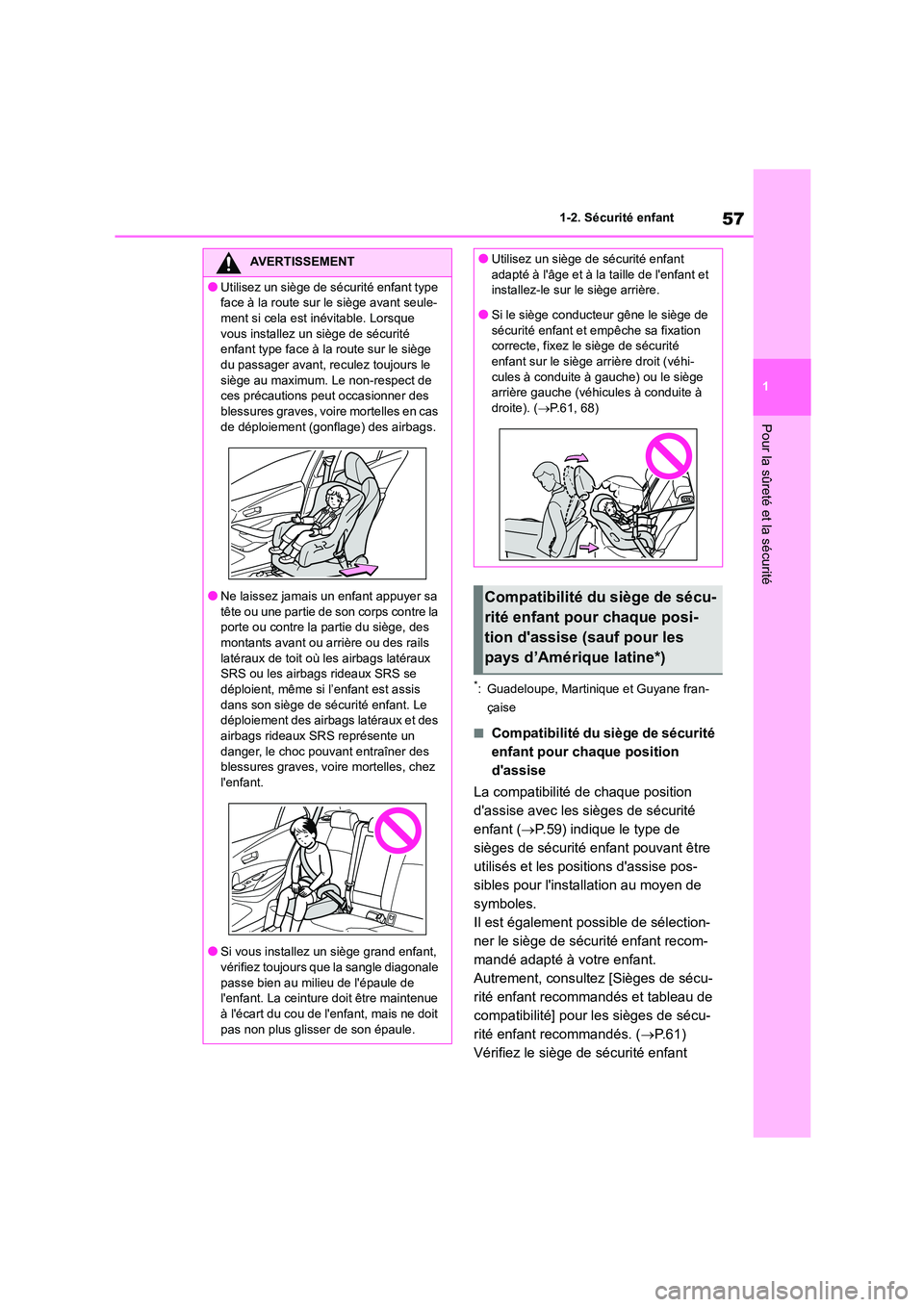 TOYOTA COROLLA HATCHBACK 2022  Notices Demploi (in French) 57
1 
1-2. Sécurité enfant
Pour la sûreté et la sécurité
*: Guadeloupe, Martinique et Guyane fran- 
çaise
■Compatibilité du siège de sécurité  
enfant pour chaque position 
dassise 
La c