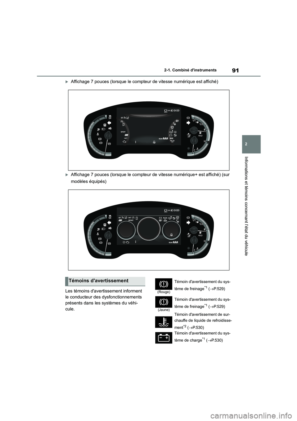 TOYOTA COROLLA HATCHBACK 2022 Notices Demploi (in French) 91
2
2-1. Combiné dinstruments
Informations et témoins concernant l’état du véhicule
Affichage 7 pouces (lorsque le compteur de vitesse numérique est affiché)
Affichage 7 pouces (lorsq TOYOTA COROLLA HATCHBACK 2022 Notices Demploi (in French) 91
2
2-1. Combiné dinstruments
Informations et témoins concernant l’état du véhicule
Affichage 7 pouces (lorsque le compteur de vitesse numérique est affiché)
Affichage 7 pouces (lorsq