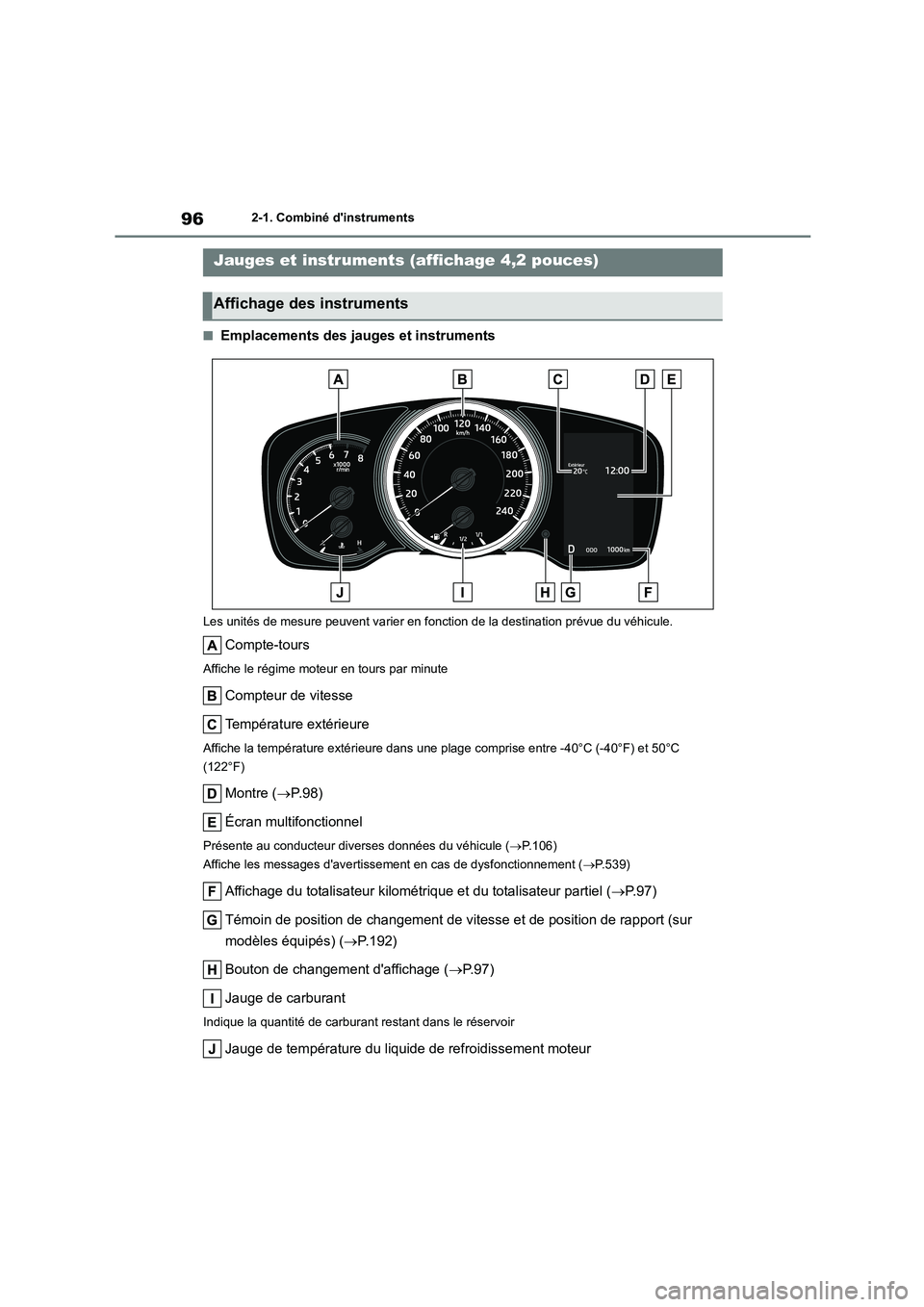 TOYOTA COROLLA HATCHBACK 2022 Notices Demploi (in French) 962-1. Combiné dinstruments
■Emplacements des jauges et instruments
Les unités de mesure peuvent varier en fonction de la destination prévue du véhicule.
Compte-tours
Affiche le régime moteur TOYOTA COROLLA HATCHBACK 2022 Notices Demploi (in French) 962-1. Combiné dinstruments
■Emplacements des jauges et instruments
Les unités de mesure peuvent varier en fonction de la destination prévue du véhicule.
Compte-tours
Affiche le régime moteur