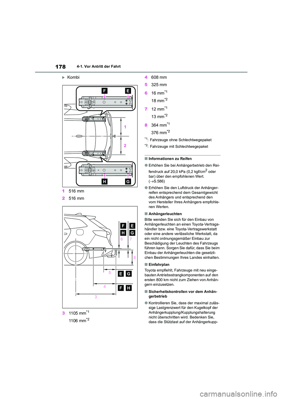 TOYOTA COROLLA HATCHBACK 2022 Betriebsanleitungen (in German) 1784-1. Vor Antritt der Fahrt
Kombi
1 516 mm
2 516 mm
3 1105 mm*1
1106 mm*2
4608 mm
5 325 mm
6 16 mm*1
18 mm*2
712 mm*1
13 mm*2
8364 mm*1
376 mm*2
*1: Fahrzeuge ohne Schlechtwegepaket
*2: Fahr TOYOTA COROLLA HATCHBACK 2022 Betriebsanleitungen (in German) 1784-1. Vor Antritt der Fahrt
Kombi
1 516 mm
2 516 mm
3 1105 mm*1
1106 mm*2
4608 mm
5 325 mm
6 16 mm*1
18 mm*2
712 mm*1
13 mm*2
8364 mm*1
376 mm*2
*1: Fahrzeuge ohne Schlechtwegepaket
*2: Fahr