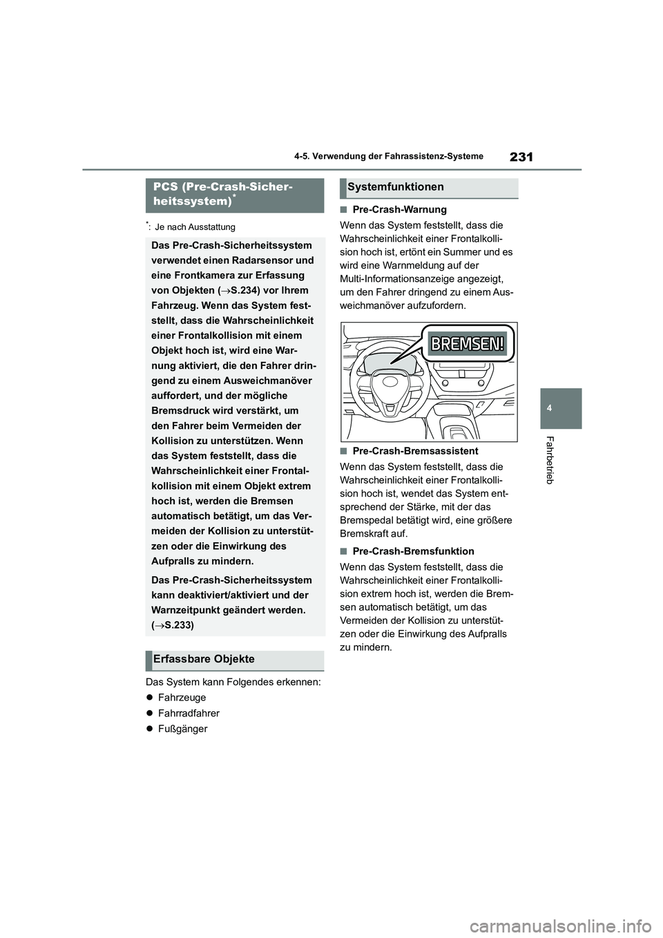 TOYOTA COROLLA HATCHBACK 2022  Betriebsanleitungen (in German) 231
4 
4-5. Verwendung der Fahrassistenz-Systeme
Fahrbetrieb
*: Je nach Ausstattung
Das System kann Folgendes erkennen: 
 Fahrzeuge 
 Fahrradfahrer 
 Fußgänger
■Pre-Crash-Warnung 
Wenn da