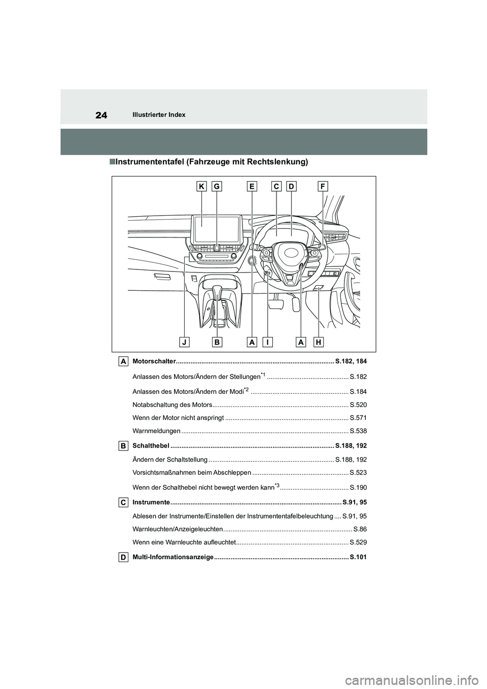 TOYOTA COROLLA HATCHBACK 2022  Betriebsanleitungen (in German) 24Illustrierter Index
■Instrumententafel (Fahrzeuge mit Rechtslenkung)
Motorschalter....................................................................................... S.182, 184 
Anlassen des M