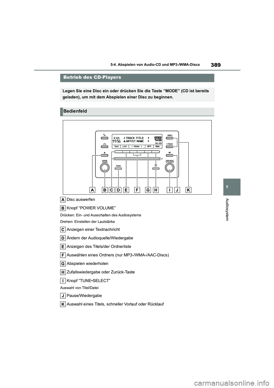 TOYOTA COROLLA HATCHBACK 2022 Betriebsanleitungen (in German) 389
5
5-4. Abspielen von Audio-CD und MP3-/WMA-Discs
Audiosystem
5-4.Abspielen von Audio-CD und MP3-/WMA-Discs
Disc auswerfen
Knopf “POWER VOLUME”
Drücken: Ein- und Ausschalten des Audiosystems TOYOTA COROLLA HATCHBACK 2022 Betriebsanleitungen (in German) 389
5
5-4. Abspielen von Audio-CD und MP3-/WMA-Discs
Audiosystem
5-4.Abspielen von Audio-CD und MP3-/WMA-Discs
Disc auswerfen
Knopf “POWER VOLUME”
Drücken: Ein- und Ausschalten des Audiosystems