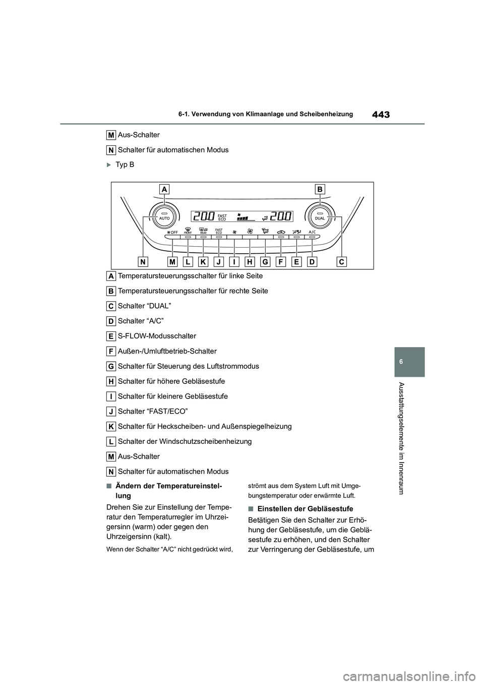 TOYOTA COROLLA HATCHBACK 2022 Betriebsanleitungen (in German) 443
6
6-1. Verwendung von Klimaanlage und Scheibenheizung
Ausstattungselemente im Innenraum
Aus-Schalter
Schalter für automatischen Modus
Ty p B
Temperatursteuerungsschal ter für linke Seite
TOYOTA COROLLA HATCHBACK 2022 Betriebsanleitungen (in German) 443
6
6-1. Verwendung von Klimaanlage und Scheibenheizung
Ausstattungselemente im Innenraum
Aus-Schalter
Schalter für automatischen Modus
Ty p B
Temperatursteuerungsschal ter für linke Seite