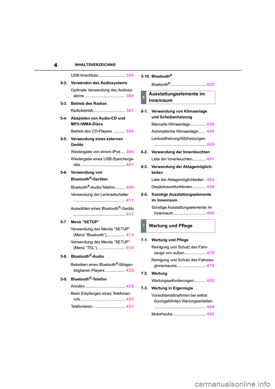 TOYOTA COROLLA HATCHBACK 2022  Betriebsanleitungen (in German) 4INHALTSVERZEICHNIS
USB-Anschluss ........................384 
5-2. Verwenden des Audiosystems 
Optimale Verwendung des Audiosy- 
stems ..................................... 385 
5-3. Betrieb des Radi
