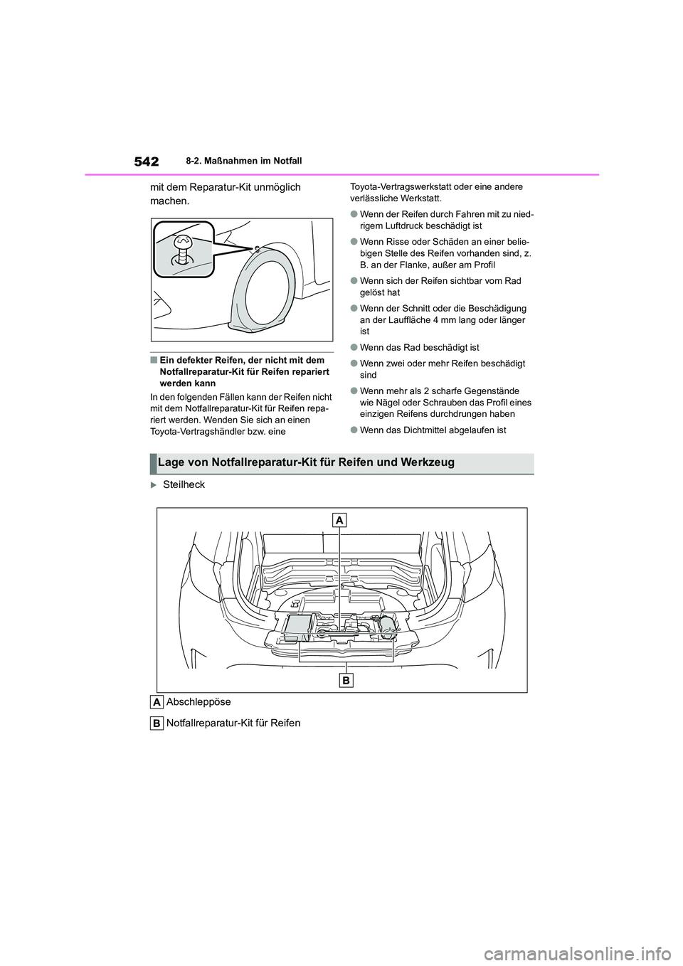 TOYOTA COROLLA HATCHBACK 2022 Betriebsanleitungen (in German) 5428-2. Maßnahmen im Notfall
mit dem Reparatur-Kit unmöglich
machen.
■Ein defekter Reifen, der nicht mit dem
Notfallreparatur-Kit für Reifen repariert
werden kann
In den folgenden Fällen k TOYOTA COROLLA HATCHBACK 2022 Betriebsanleitungen (in German) 5428-2. Maßnahmen im Notfall
mit dem Reparatur-Kit unmöglich
machen.
■Ein defekter Reifen, der nicht mit dem
Notfallreparatur-Kit für Reifen repariert
werden kann
In den folgenden Fällen k