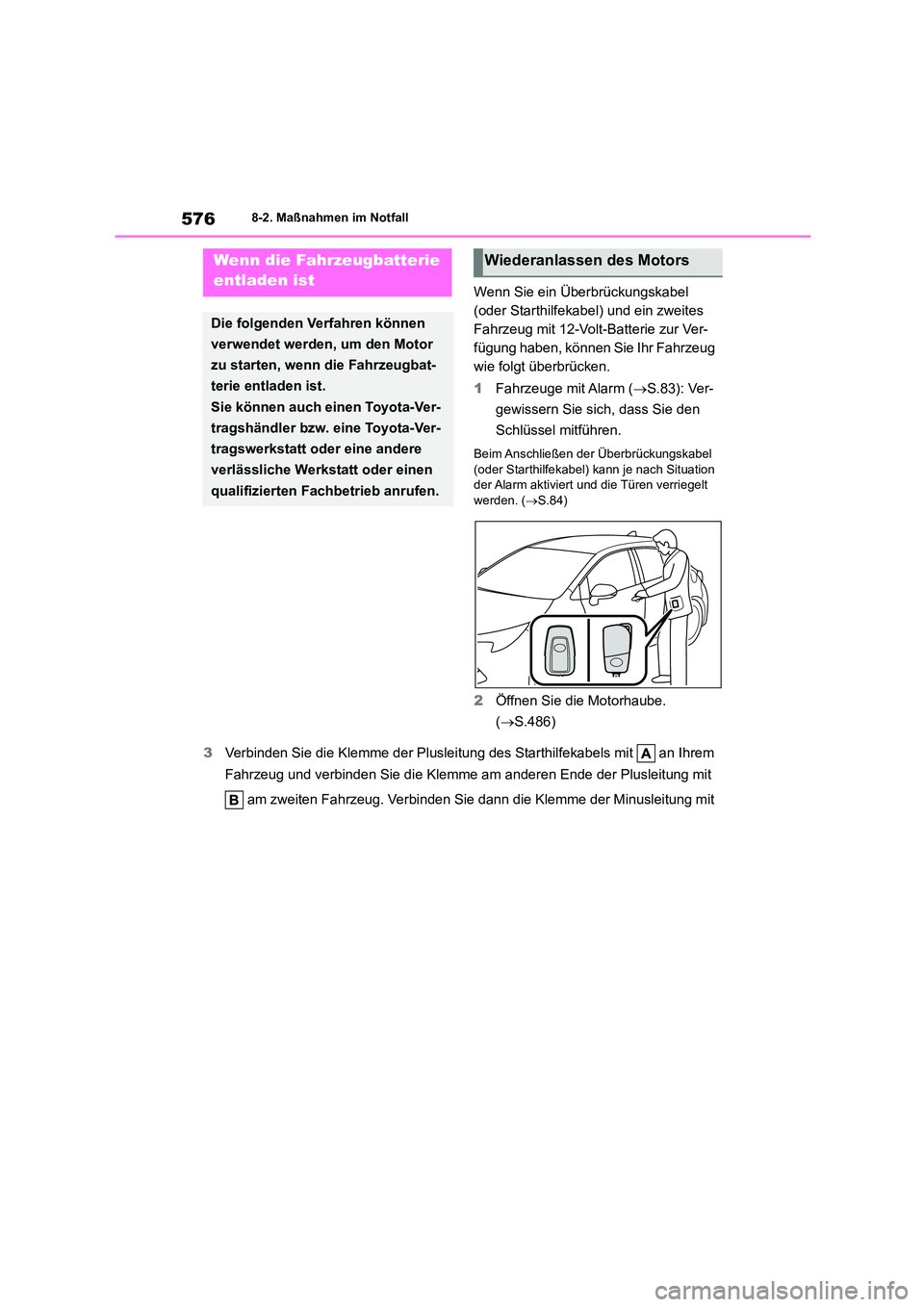TOYOTA COROLLA HATCHBACK 2022 Betriebsanleitungen (in German) 5768-2. Maßnahmen im Notfall
Wenn Sie ein Überbrückungskabel
(oder Starthilfekabel) und ein zweites
Fahrzeug mit 12-Volt-Batterie zur Ver-
fügung haben, können Sie Ihr Fahrzeug
wie folgt übe TOYOTA COROLLA HATCHBACK 2022 Betriebsanleitungen (in German) 5768-2. Maßnahmen im Notfall
Wenn Sie ein Überbrückungskabel
(oder Starthilfekabel) und ein zweites
Fahrzeug mit 12-Volt-Batterie zur Ver-
fügung haben, können Sie Ihr Fahrzeug
wie folgt übe
