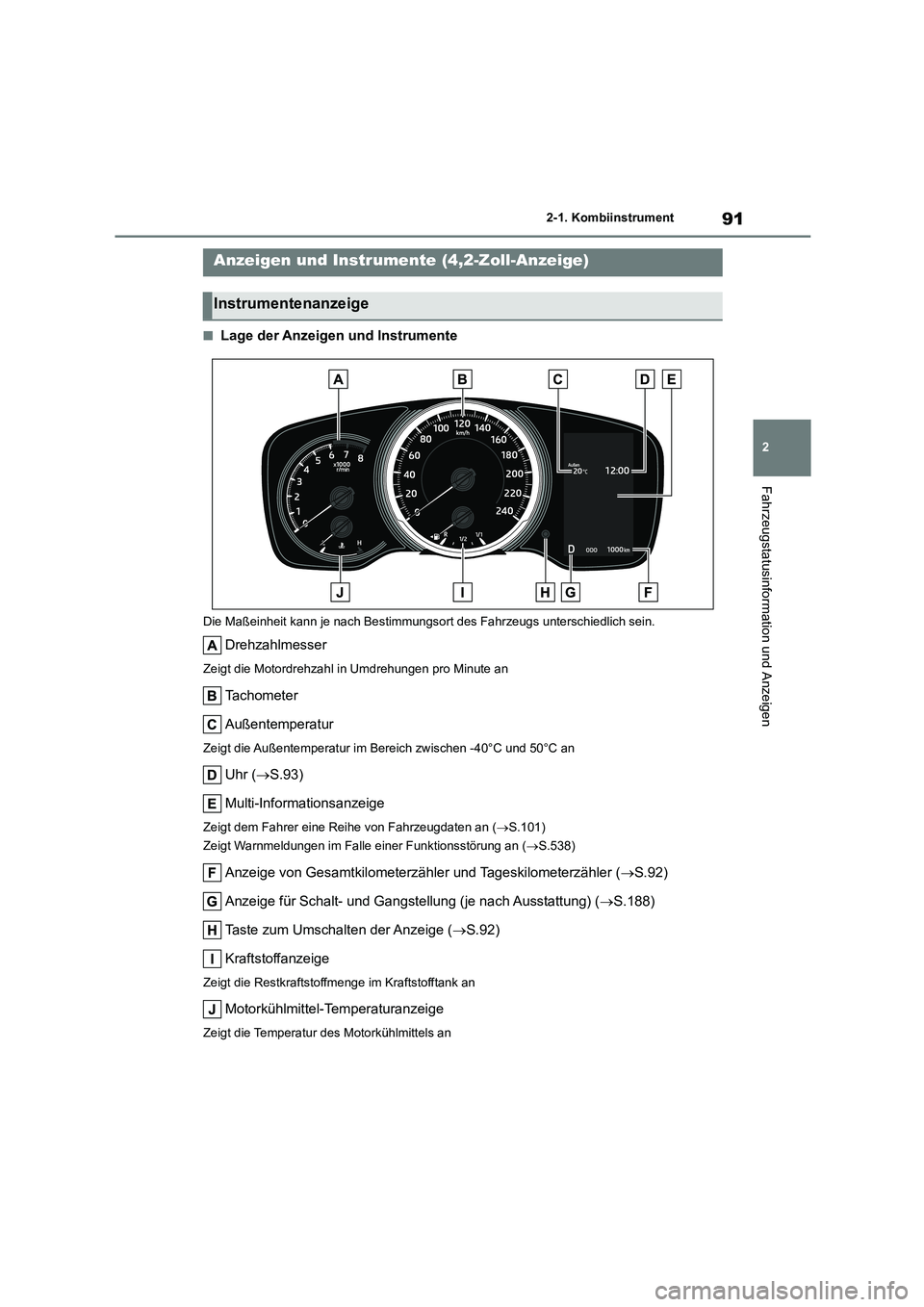 TOYOTA COROLLA HATCHBACK 2022  Betriebsanleitungen (in German) 91
2 
2-1. Kombiinstrument
Fahrzeugstatusinformation und Anzeigen
■Lage der Anzeigen und Instrumente
Die Maßeinheit kann je nach Bestimmungsor t des Fahrzeugs unterschiedlich sein.
Drehzahlmesser
Z