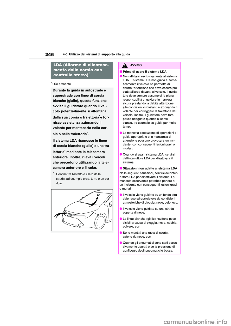 TOYOTA COROLLA HATCHBACK 2022 Manuale duso (in Italian) 2464-5. Utilizzo dei sistemi di supporto alla guida
*: Se presente
LDA (Allar me di allontana-
mento dalla corsia con
controllo sterzo)*
Durante la guida in autostrade e
superstrade con linee di TOYOTA COROLLA HATCHBACK 2022 Manuale duso (in Italian) 2464-5. Utilizzo dei sistemi di supporto alla guida
*: Se presente
LDA (Allar me di allontana-
mento dalla corsia con
controllo sterzo)*
Durante la guida in autostrade e
superstrade con linee di