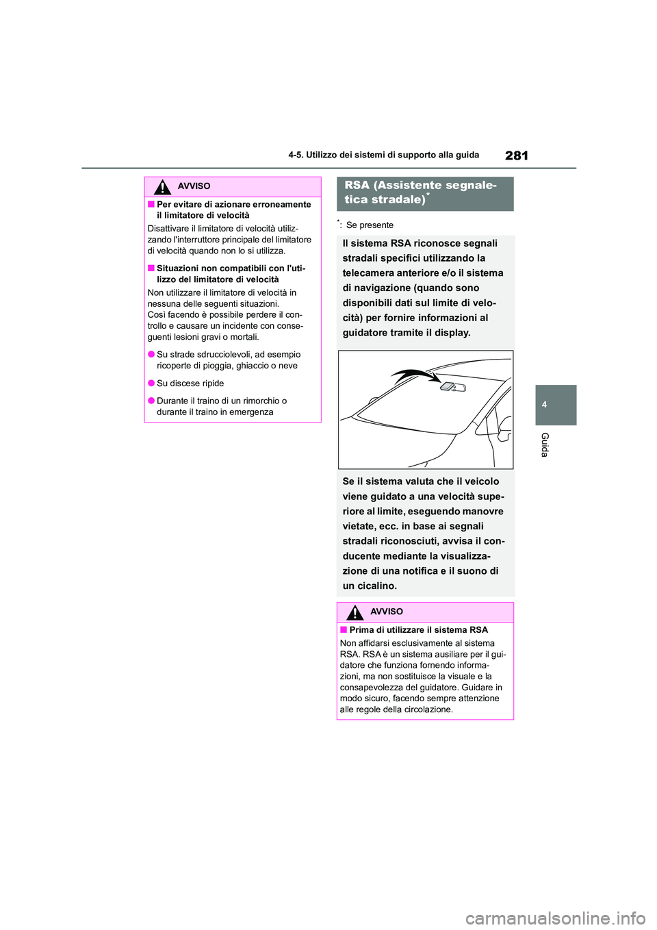 TOYOTA COROLLA HATCHBACK 2022 Manuale duso (in Italian) 281
4
4-5. Utilizzo dei sistemi di supporto alla guida
Guida
*: Se presente
AVVISO
■Per evitare di azionare erroneamente
il limitatore di velocità
Disattivare il limitatore di velocità utiliz- TOYOTA COROLLA HATCHBACK 2022 Manuale duso (in Italian) 281
4
4-5. Utilizzo dei sistemi di supporto alla guida
Guida
*: Se presente
AVVISO
■Per evitare di azionare erroneamente
il limitatore di velocità
Disattivare il limitatore di velocità utiliz-