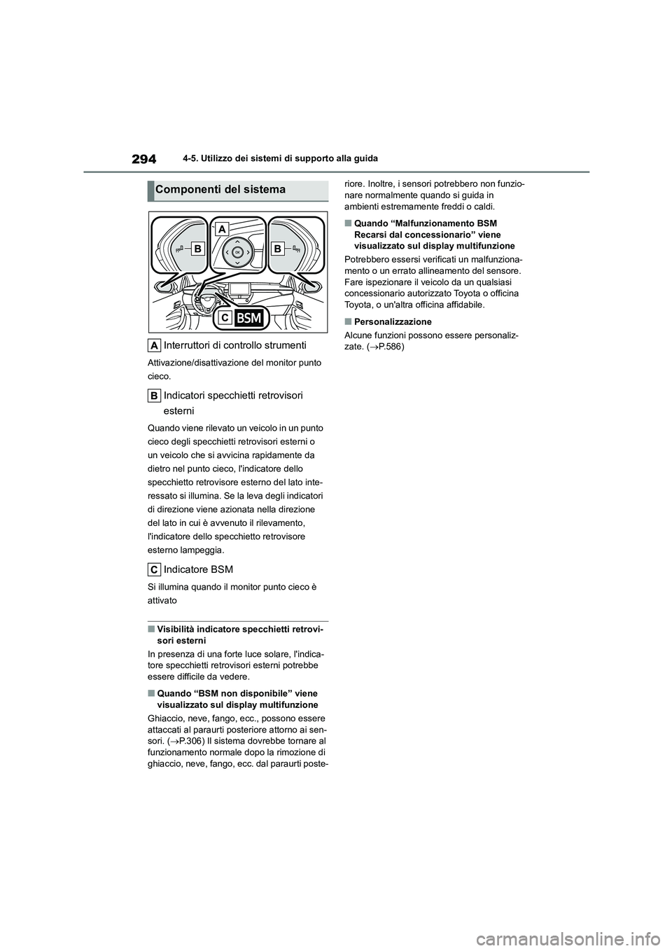 TOYOTA COROLLA HATCHBACK 2022  Manuale duso (in Italian) 2944-5. Utilizzo dei sistemi di supporto alla guida
Interruttori di controllo strumenti
Attivazione/disattivazione del monitor punto  
cieco.
Indicatori specchietti retrovisori  
esterni
Quando viene 