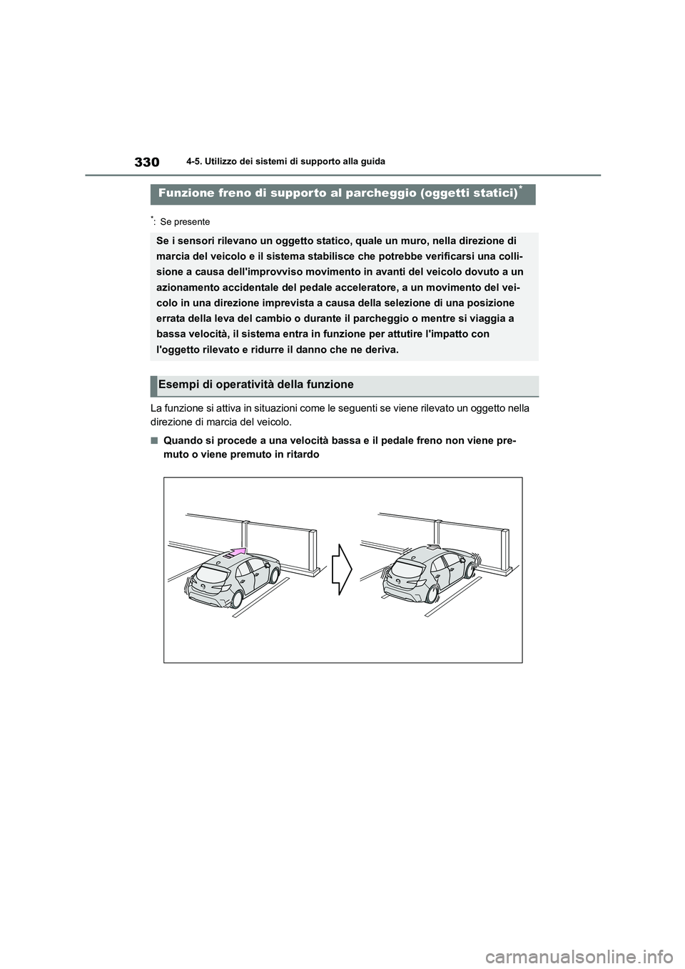 TOYOTA COROLLA HATCHBACK 2022 Manuale duso (in Italian) 3304-5. Utilizzo dei sistemi di supporto alla guida
*: Se presente
La funzione si attiva in situazioni come le seguenti se viene rilevato un oggetto nella
direzione di marcia del veicolo.
■Quando TOYOTA COROLLA HATCHBACK 2022 Manuale duso (in Italian) 3304-5. Utilizzo dei sistemi di supporto alla guida
*: Se presente
La funzione si attiva in situazioni come le seguenti se viene rilevato un oggetto nella
direzione di marcia del veicolo.
■Quando