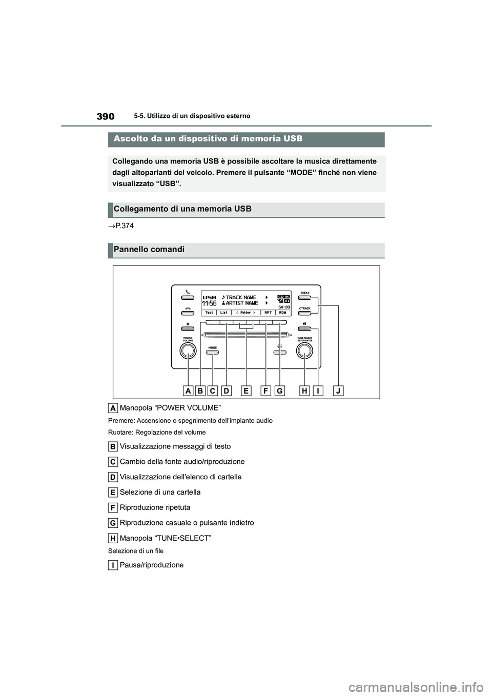 TOYOTA COROLLA HATCHBACK 2022 Manuale duso (in Italian) 3905-5. Utilizzo di un dispositivo esterno
P.374
Manopola “POWER VOLUME”
Premere: Accensione o spegnimento dellimpianto audio
Ruotare: Regolazione del volume
Visualizzazione messaggi di test TOYOTA COROLLA HATCHBACK 2022 Manuale duso (in Italian) 3905-5. Utilizzo di un dispositivo esterno
P.374
Manopola “POWER VOLUME”
Premere: Accensione o spegnimento dellimpianto audio
Ruotare: Regolazione del volume
Visualizzazione messaggi di test