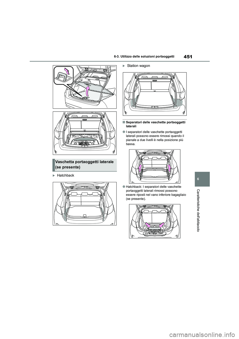 TOYOTA COROLLA HATCHBACK 2022 Manuale duso (in Italian) 451
6
6-3. Utilizzo delle so luzioni portaoggetti
Caratteristiche dellabitacolo
Hatchback
Station wagon
■Separatori delle vaschette portaoggetti
laterali
●I separatori delle vaschette po TOYOTA COROLLA HATCHBACK 2022 Manuale duso (in Italian) 451
6
6-3. Utilizzo delle so luzioni portaoggetti
Caratteristiche dellabitacolo
Hatchback
Station wagon
■Separatori delle vaschette portaoggetti
laterali
●I separatori delle vaschette po