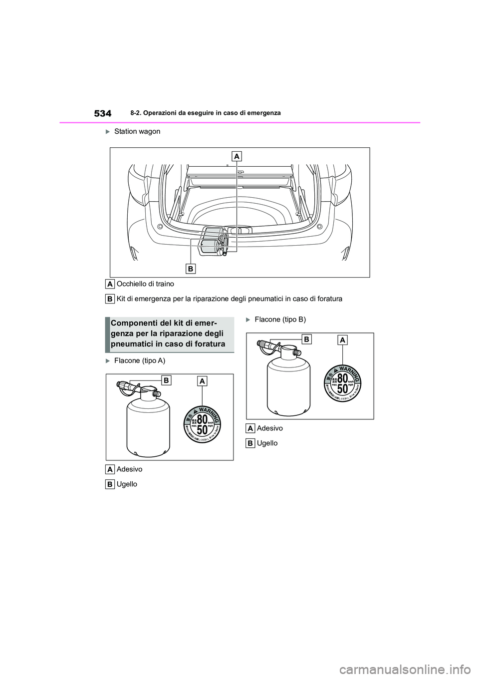 TOYOTA COROLLA HATCHBACK 2022 Manuale duso (in Italian) 5348-2. Operazioni da eseguire in caso di emergenza
Station wagon
Occhiello di traino
Kit di emergenza per la riparazione degli pneumatici in caso di foratura
Flacone (tipo A)
Adesivo
Ugello TOYOTA COROLLA HATCHBACK 2022 Manuale duso (in Italian) 5348-2. Operazioni da eseguire in caso di emergenza
Station wagon
Occhiello di traino
Kit di emergenza per la riparazione degli pneumatici in caso di foratura
Flacone (tipo A)
Adesivo
Ugello