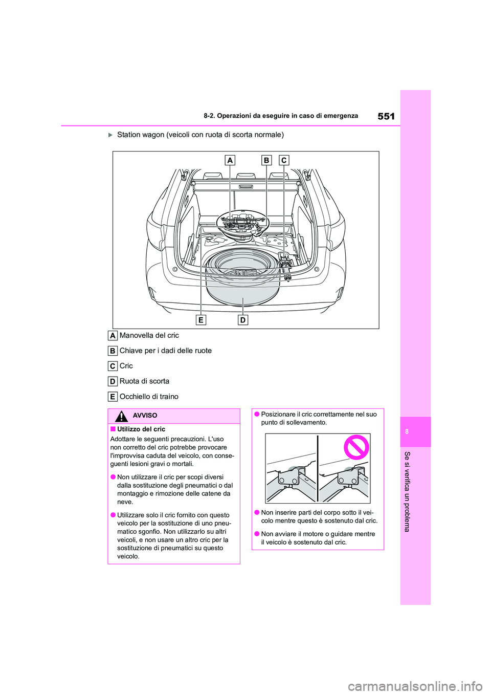 TOYOTA COROLLA HATCHBACK 2022 Manuale duso (in Italian) 551
8
8-2. Operazioni da eseguire in caso di emergenza
Se si verifica un problema
Station wagon (veicoli con ruota di scorta normale)
Manovella del cric
Chiave per i dadi delle ruote
Cric
Ruota TOYOTA COROLLA HATCHBACK 2022 Manuale duso (in Italian) 551
8
8-2. Operazioni da eseguire in caso di emergenza
Se si verifica un problema
Station wagon (veicoli con ruota di scorta normale)
Manovella del cric
Chiave per i dadi delle ruote
Cric
Ruota