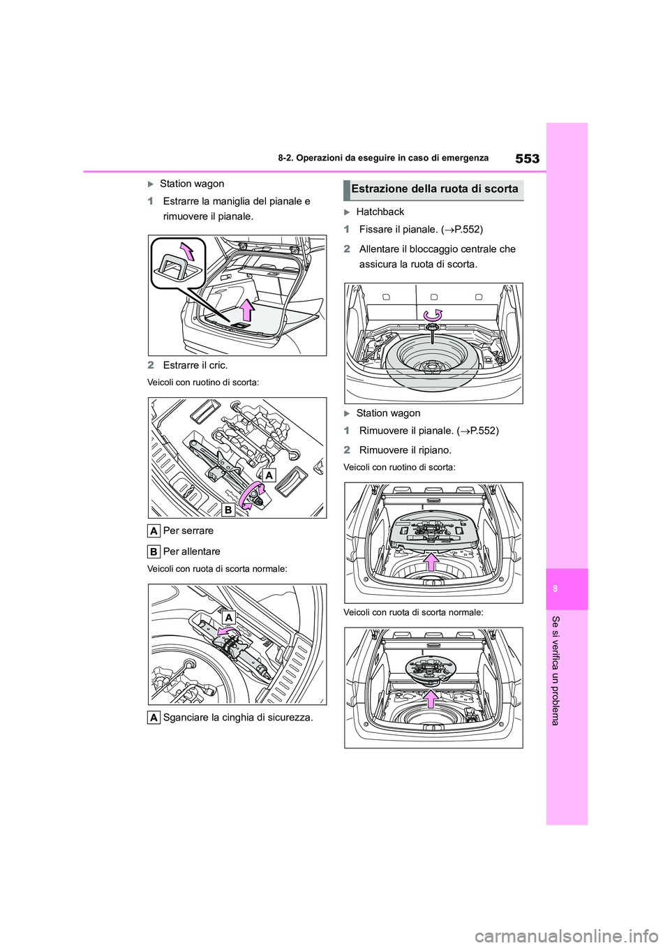 TOYOTA COROLLA HATCHBACK 2022 Manuale duso (in Italian) 553
8
8-2. Operazioni da eseguire in caso di emergenza
Se si verifica un problema
Station wagon
1 Estrarre la maniglia del pianale e
rimuovere il pianale.
2 Estrarre il cric.
Veicoli con ruoti TOYOTA COROLLA HATCHBACK 2022 Manuale duso (in Italian) 553
8
8-2. Operazioni da eseguire in caso di emergenza
Se si verifica un problema
Station wagon
1 Estrarre la maniglia del pianale e
rimuovere il pianale.
2 Estrarre il cric.
Veicoli con ruoti
