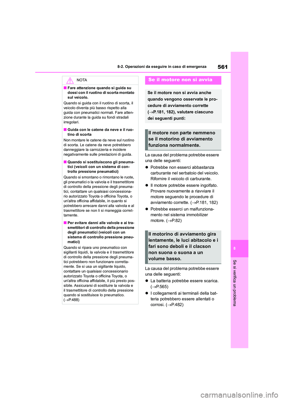 TOYOTA COROLLA HATCHBACK 2022  Manuale duso (in Italian) 561
8 
8-2. Operazioni da eseguire in caso di emergenza
Se si verifica un problema
La causa del problema potrebbe essere  
una delle seguenti: 
 Potrebbe non esserci abbastanza  
carburante nel ser