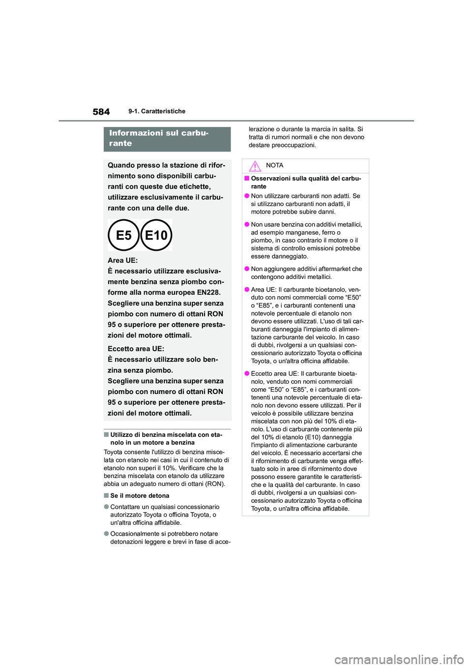 TOYOTA COROLLA HATCHBACK 2022 Manuale duso (in Italian) 5849-1. Caratteristiche
■Utilizzo di benzina miscelata con eta- nolo in un mo tore a benzina
Toyota consente lutil izzo di benzina misce-
lata con etanolo nei casi in cui il contenuto di
etanolo TOYOTA COROLLA HATCHBACK 2022 Manuale duso (in Italian) 5849-1. Caratteristiche
■Utilizzo di benzina miscelata con eta- nolo in un mo tore a benzina
Toyota consente lutil izzo di benzina misce-
lata con etanolo nei casi in cui il contenuto di
etanolo