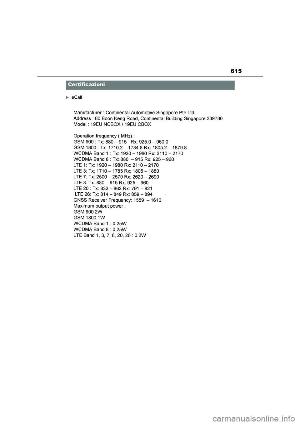 TOYOTA COROLLA HATCHBACK 2022 Manuale duso (in Italian) 615
eCall
Certificazioni TOYOTA COROLLA HATCHBACK 2022 Manuale duso (in Italian) 615
eCall
Certificazioni