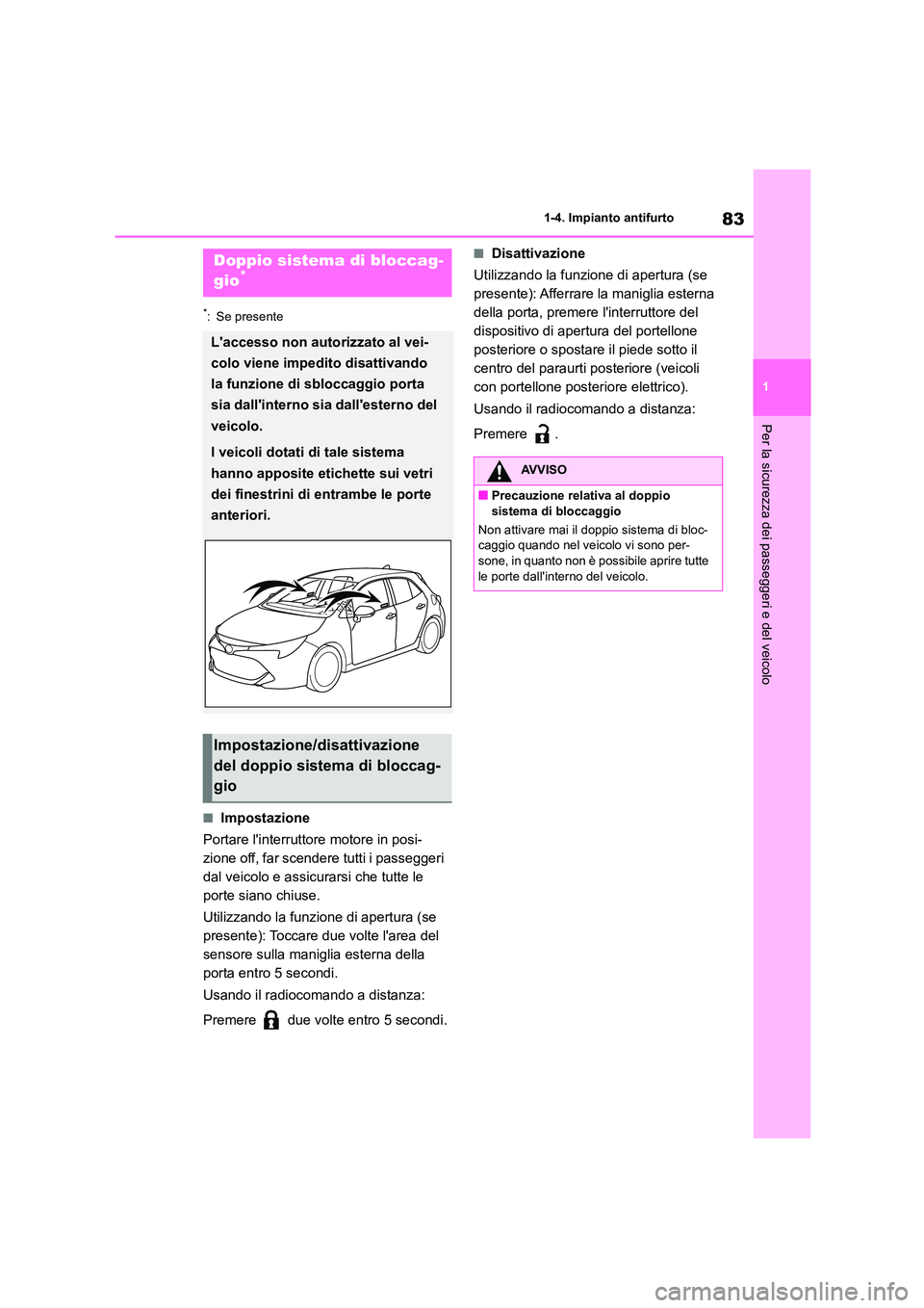 TOYOTA COROLLA HATCHBACK 2022 Manuale duso (in Italian) 83
1
1-4. Impianto antifurto
Per la sicurezza dei passeggeri e del veicolo
*: Se presente
■Impostazione
Portare linterruttore motore in posi-
zione off, far scendere tutti i passeggeri
dal veic TOYOTA COROLLA HATCHBACK 2022 Manuale duso (in Italian) 83
1
1-4. Impianto antifurto
Per la sicurezza dei passeggeri e del veicolo
*: Se presente
■Impostazione
Portare linterruttore motore in posi-
zione off, far scendere tutti i passeggeri
dal veic
