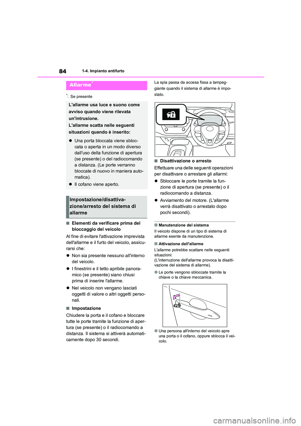 TOYOTA COROLLA HATCHBACK 2022 Manuale duso (in Italian) 841-4. Impianto antifurto
*: Se presente
■Elementi da verificare prima del
bloccaggio del veicolo
Al fine di evitare lattivazione imprevista
dellallarme e il furto del veicolo, assicu-
rarsi TOYOTA COROLLA HATCHBACK 2022 Manuale duso (in Italian) 841-4. Impianto antifurto
*: Se presente
■Elementi da verificare prima del
bloccaggio del veicolo
Al fine di evitare lattivazione imprevista
dellallarme e il furto del veicolo, assicu-
rarsi
