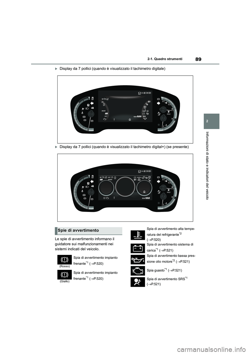 TOYOTA COROLLA HATCHBACK 2022 Manuale duso (in Italian) 89
2
2-1. Quadro strumenti
Informazioni di stato e indicatori del veicolo
Display da 7 pollici (quando è visualizzato il tachimetro digitale)
Display da 7 pollici (quando è visualizzato il ta TOYOTA COROLLA HATCHBACK 2022 Manuale duso (in Italian) 89
2
2-1. Quadro strumenti
Informazioni di stato e indicatori del veicolo
Display da 7 pollici (quando è visualizzato il tachimetro digitale)
Display da 7 pollici (quando è visualizzato il ta