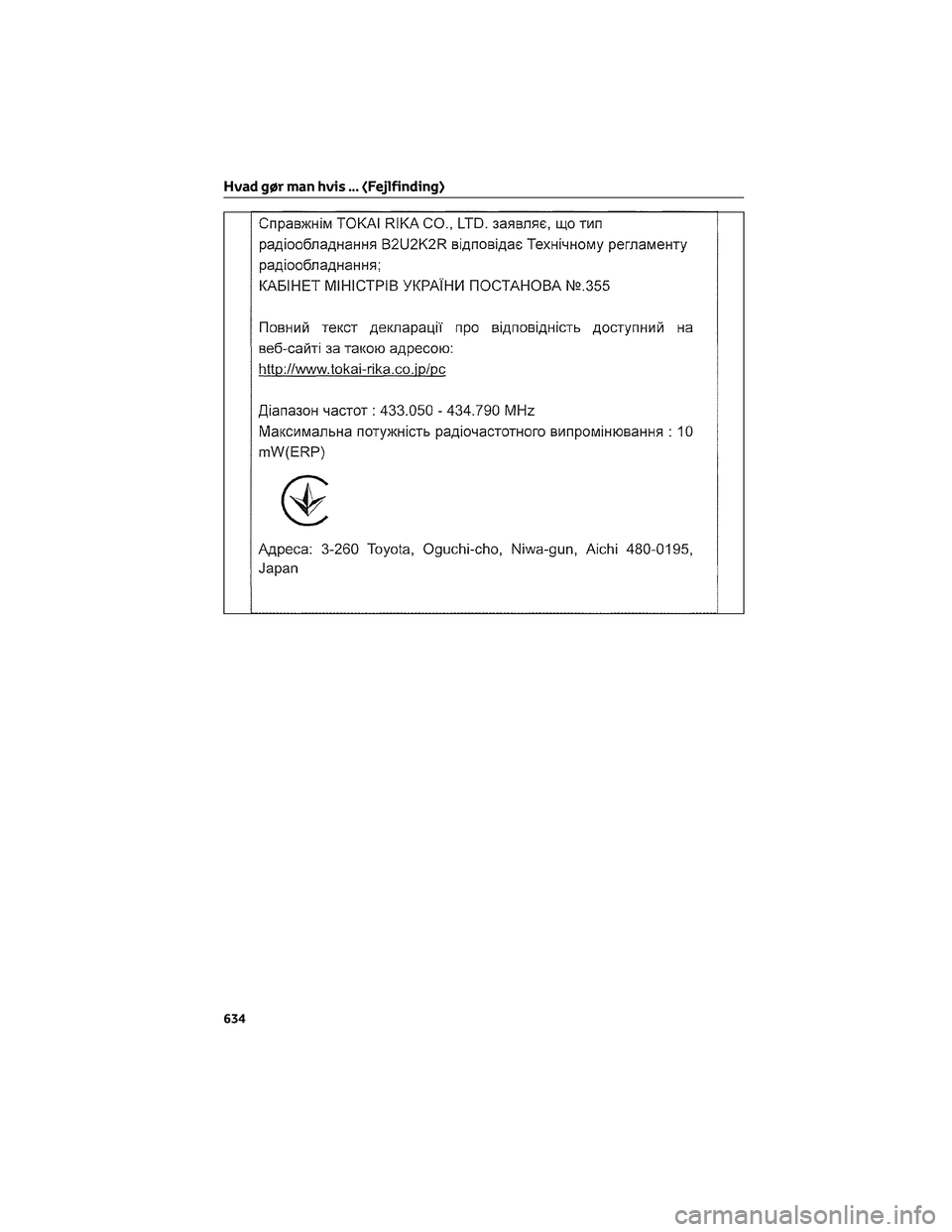 TOYOTA COROLLA HATCHBACK 2022 Brugsanvisning (in Danish) Hvad gør man hvis ... (Fejlfinding)
634 TOYOTA COROLLA HATCHBACK 2022 Brugsanvisning (in Danish) Hvad gør man hvis ... (Fejlfinding)
634