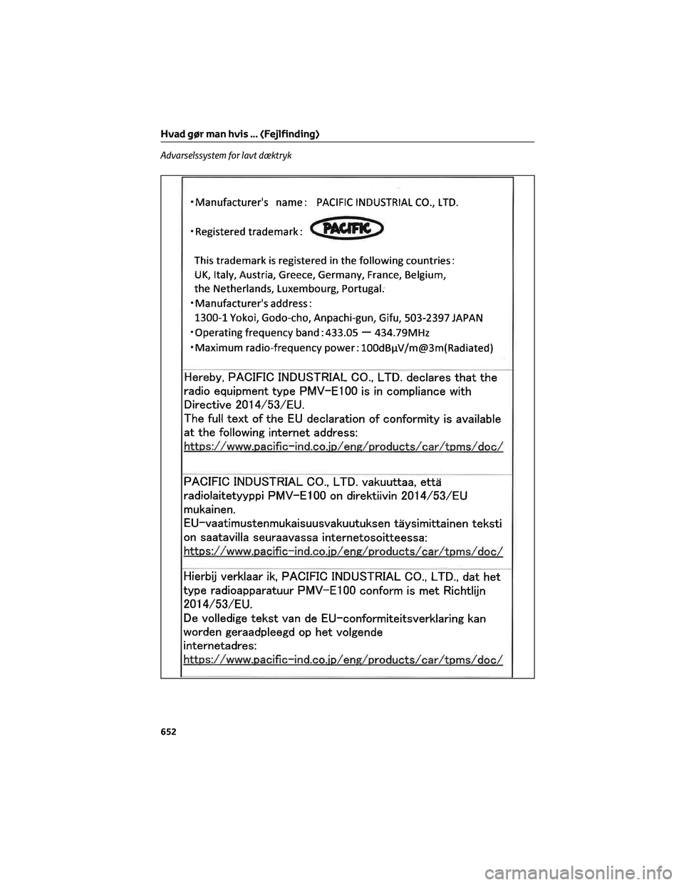 TOYOTA COROLLA HATCHBACK 2022 Brugsanvisning (in Danish) Advarselssystem for lavt dæktryk
Hvad gør man hvis ... (Fejlfinding)
652 TOYOTA COROLLA HATCHBACK 2022 Brugsanvisning (in Danish) Advarselssystem for lavt dæktryk
Hvad gør man hvis ... (Fejlfinding)
652