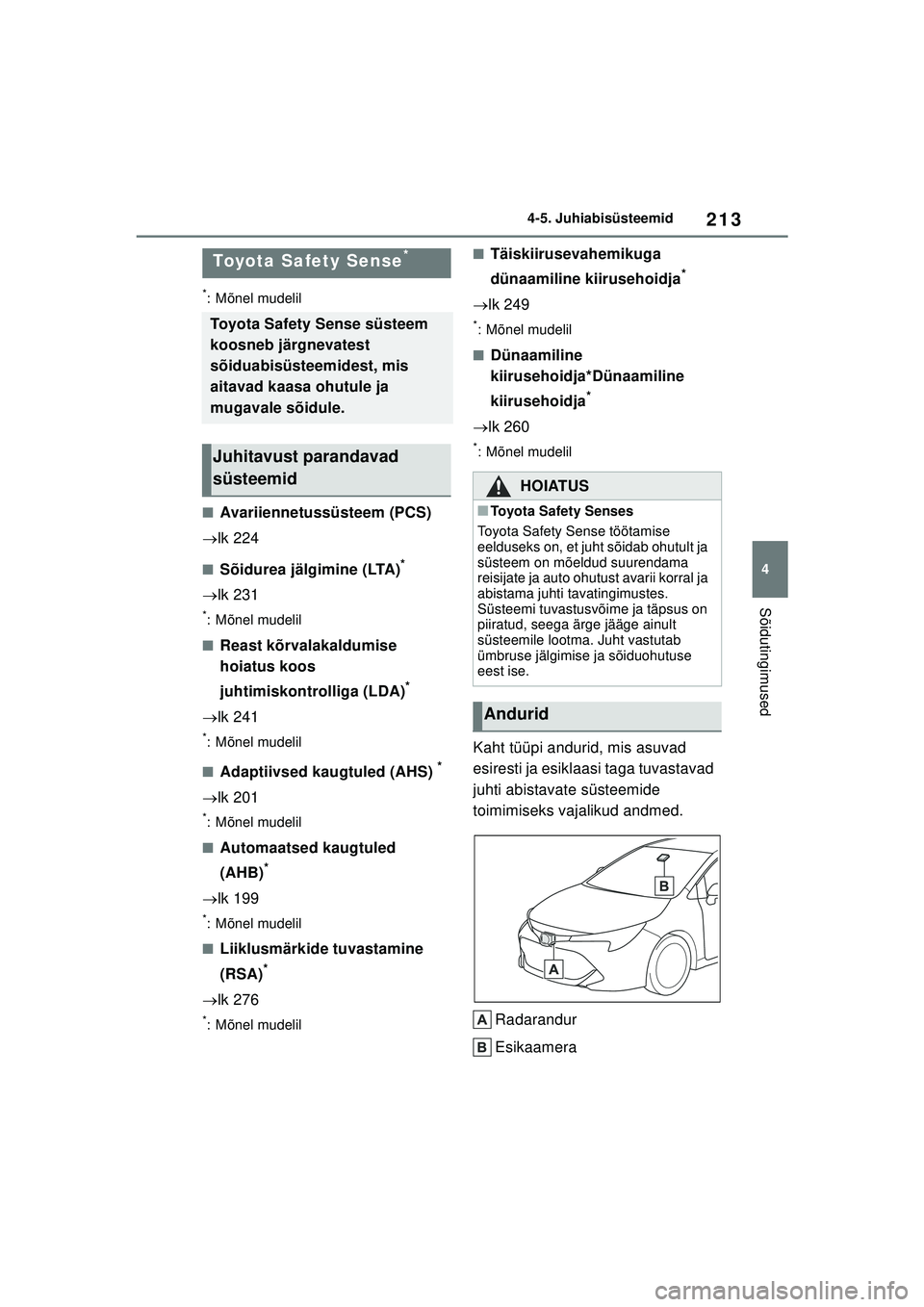 TOYOTA COROLLA HATCHBACK 2022 Kasutusjuhend (in Estonian) 213
4
4-5. Juhiabisüsteemid
Sõidutingimused
4-5.Juhiabisüsteemid
*: Mõnel mudelil
■Avariiennetussüsteem (PCS)
lk 224
■Sõidurea jälgimine (LTA)*
lk 231
*: Mõnel mudelil
■Reast kõr TOYOTA COROLLA HATCHBACK 2022 Kasutusjuhend (in Estonian) 213
4
4-5. Juhiabisüsteemid
Sõidutingimused
4-5.Juhiabisüsteemid
*: Mõnel mudelil
■Avariiennetussüsteem (PCS)
lk 224
■Sõidurea jälgimine (LTA)*
lk 231
*: Mõnel mudelil
■Reast kõr
