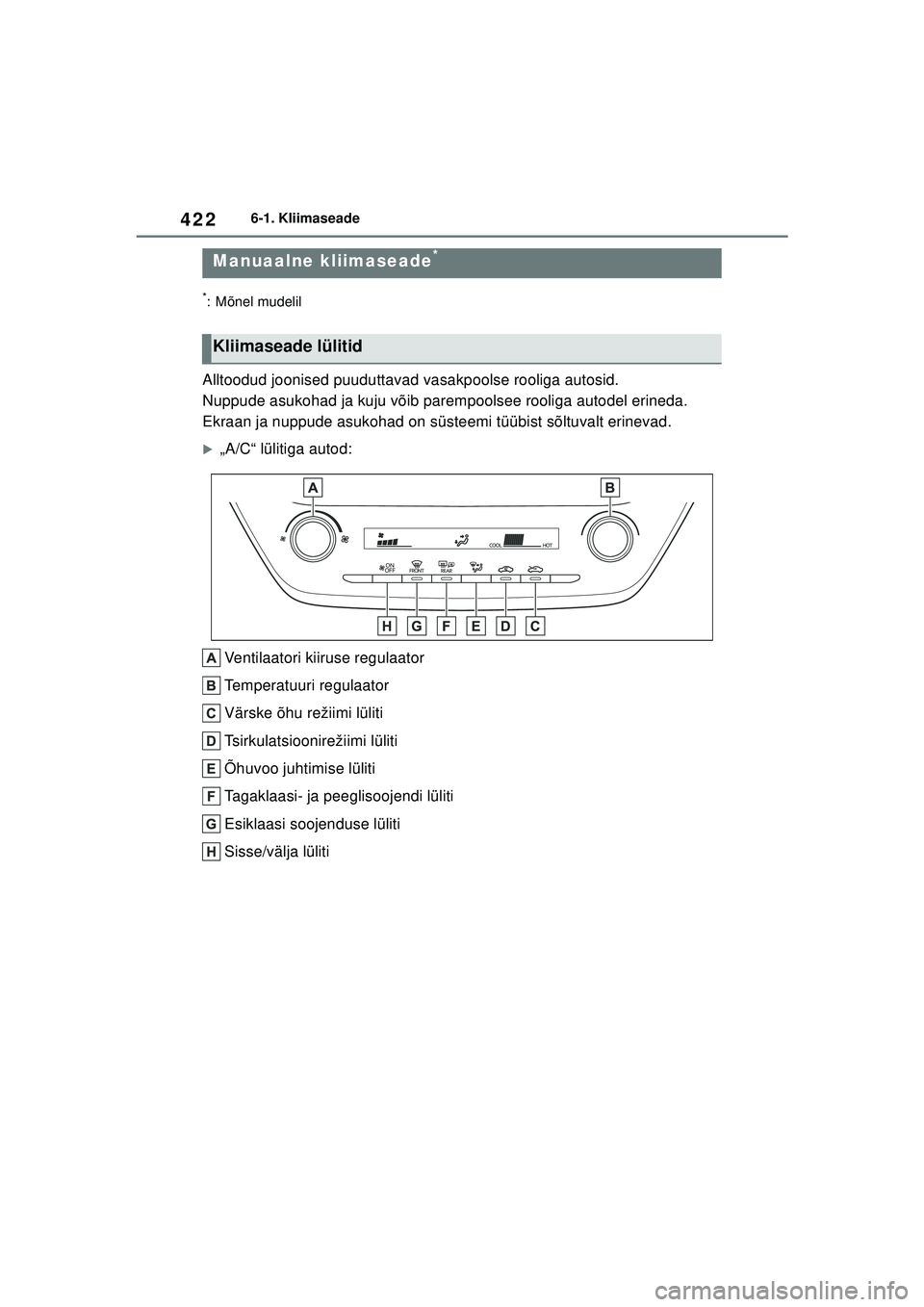 TOYOTA COROLLA HATCHBACK 2022  Kasutusjuhend (in Estonian) 4226-1. Kliimaseade
6-1.Kliimaseade
*: Mõnel mudelil
Alltoodud joonised puuduttavad vasakpoolse rooliga autosid.
Nuppude asukohad ja kuju võib parempoolsee rooliga autodel erineda.
Ekraan ja nuppude