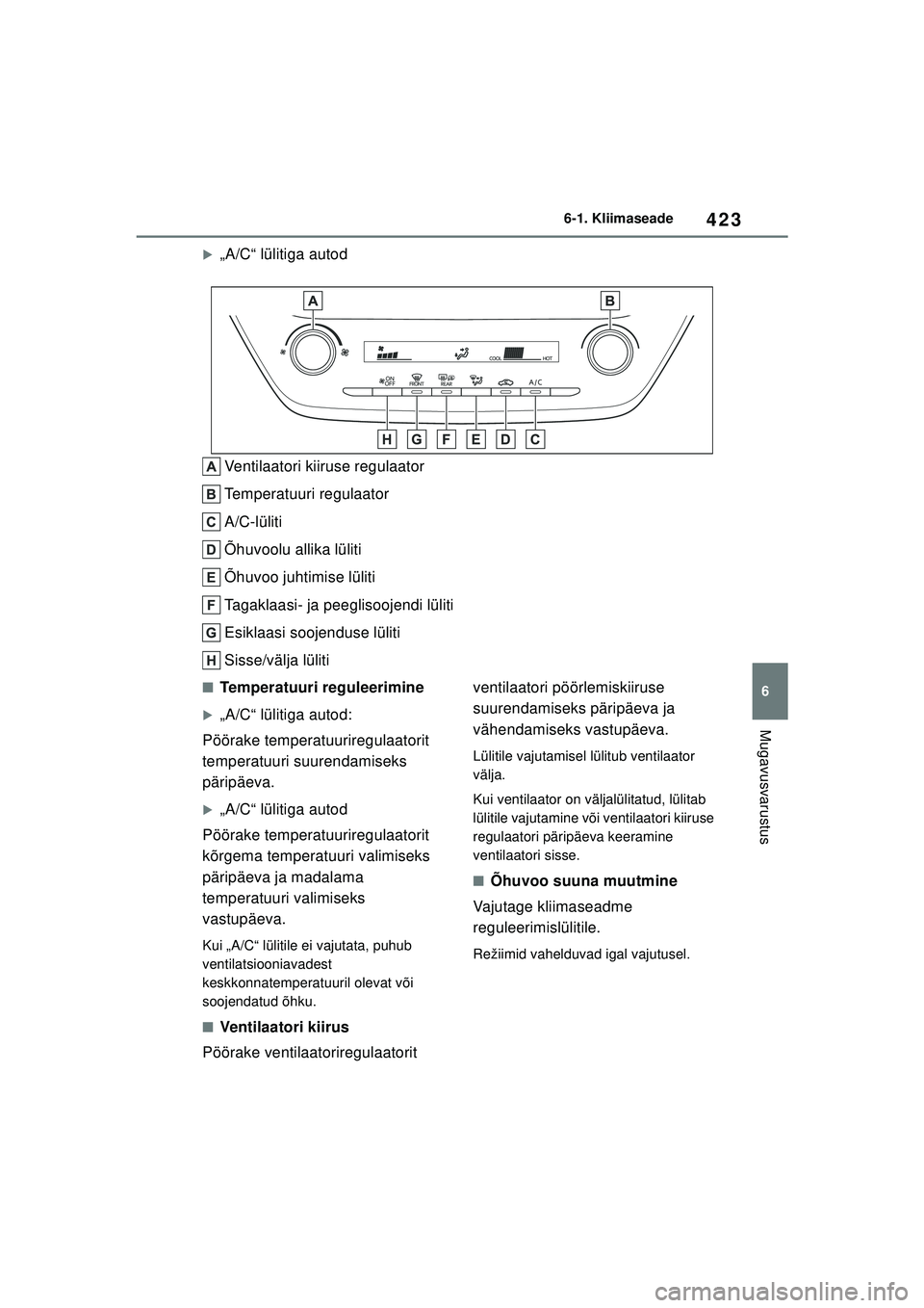 TOYOTA COROLLA HATCHBACK 2022  Kasutusjuhend (in Estonian) 423
6
6-1. Kliimaseade
Mugavusvarustus
�X„A/C“ lülitiga autod
Ventilaatori kiiruse regulaator
Temperatuuri regulaator
A/C-lüliti
Õhuvoolu allika lüliti
Õhuvoo juhtimise lüliti
Tagaklaasi- ja