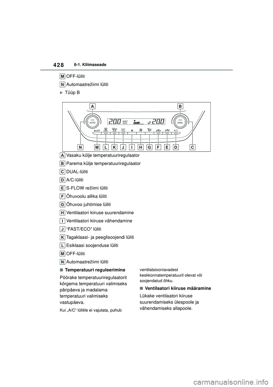 TOYOTA COROLLA HATCHBACK 2022  Kasutusjuhend (in Estonian) 4286-1. Kliimaseade
OFF-lüliti
Automaatrežiimi lüliti
�XTüüp BVasaku külje temperatuuriregulaator
Parema külje temperatuuriregulaator
DUAL-lüliti
A/C-lüliti
S-FLOW režiimi lüliti
Õhuvoolu 