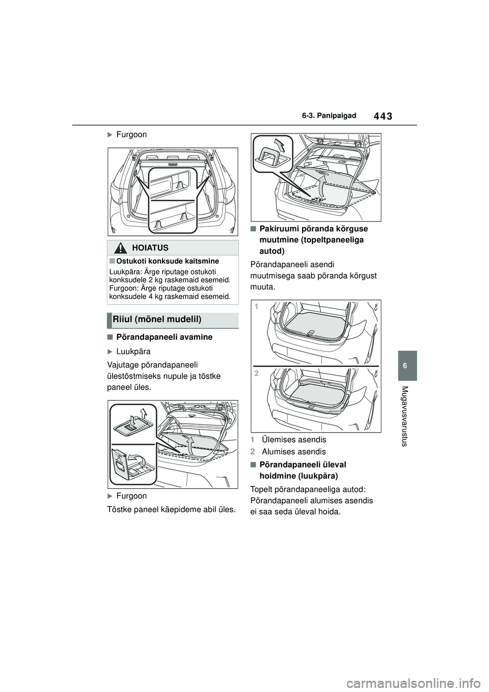 TOYOTA COROLLA HATCHBACK 2022  Kasutusjuhend (in Estonian) 443
6
6-3. Panipaigad
Mugavusvarustus
�XFurgoon
■Põrandapaneeli avamine
�XLuukpära
Vajutage põrandapaneeli 
ülestõstmiseks nupule ja tõstke 
paneel üles.
�XFurgoon
Tõstke paneel käepideme a