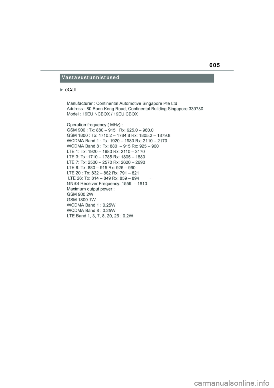 TOYOTA COROLLA HATCHBACK 2022  Kasutusjuhend (in Estonian) 605
�XeCall
Vastavustunnistused
COROLLA (TMUK)_OM_Europe_OM12Q83EE_1_2201.book  Page 605  Friday, November 26, 2021  6:36 AM 
