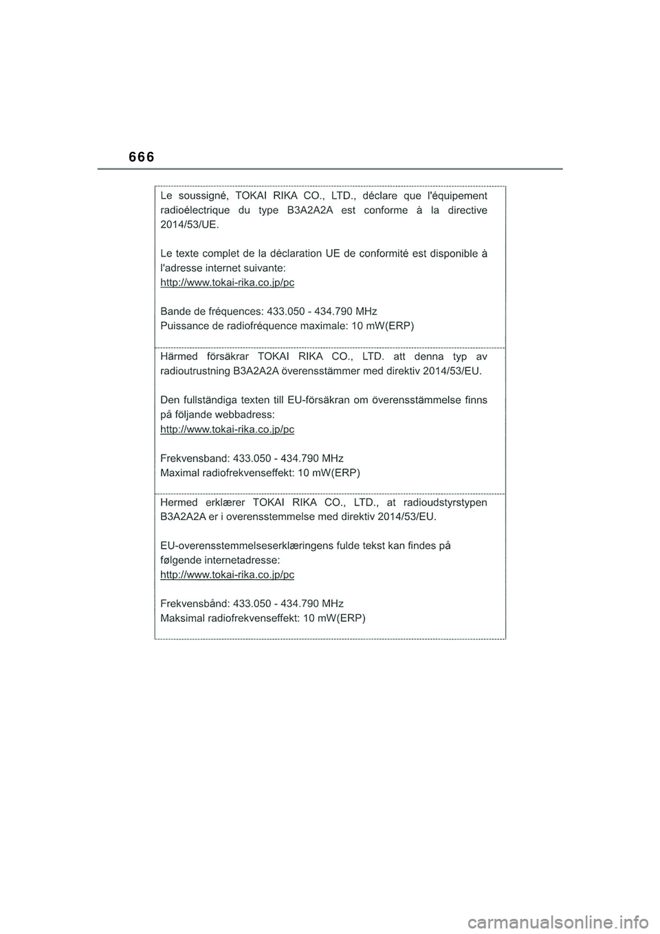 TOYOTA COROLLA HATCHBACK 2022 Kasutusjuhend (in Estonian) 666
COROLLA (TMUK)_OM_Europe_OM12Q83EE_1_2201.book Page 666 Friday, November 26, 2021 6:36 AM TOYOTA COROLLA HATCHBACK 2022 Kasutusjuhend (in Estonian) 666
COROLLA (TMUK)_OM_Europe_OM12Q83EE_1_2201.book Page 666 Friday, November 26, 2021 6:36 AM