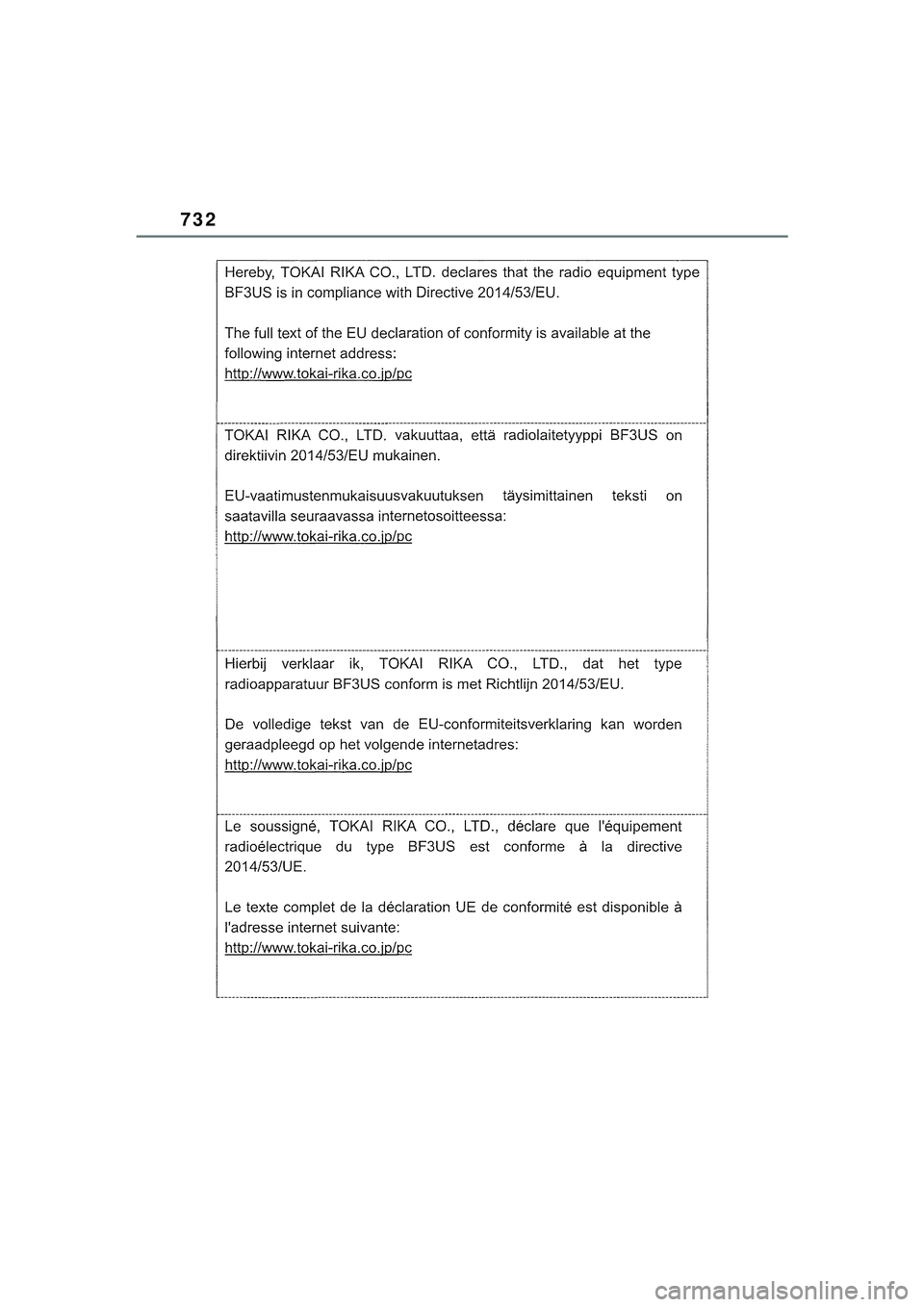TOYOTA COROLLA HATCHBACK 2022  Kasutusjuhend (in Estonian) 732
COROLLA (TMUK)_OM_Europe_OM12Q83EE_1_2201.book  Page 732  Friday, November 26, 2021  6:36 AM 
