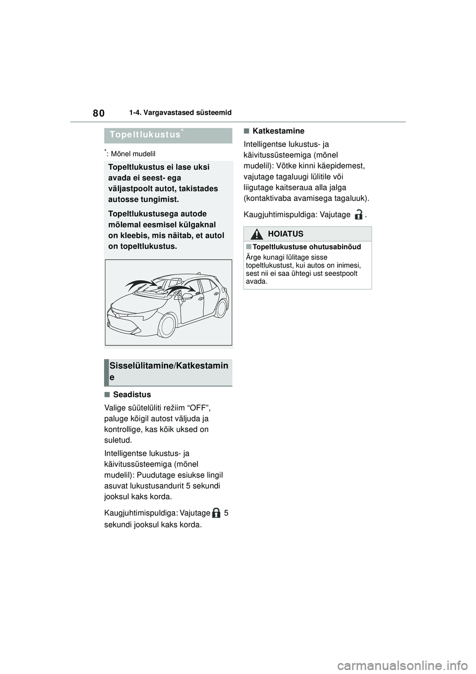TOYOTA COROLLA HATCHBACK 2022  Kasutusjuhend (in Estonian) 801-4. Vargavastased süsteemid
*: Mõnel mudelil
■Seadistus
Valige süütelüliti režiim “OFF”, 
paluge kõigil autost väljuda ja 
kontrollige, kas kõik uksed on 
suletud.
Intelligentse luku