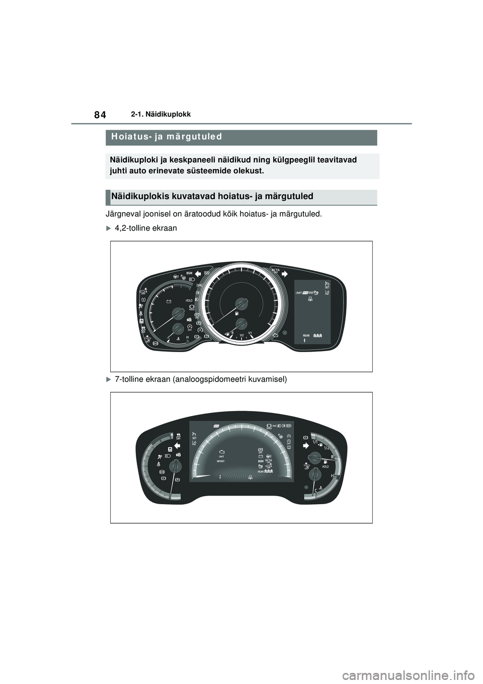 TOYOTA COROLLA HATCHBACK 2022  Kasutusjuhend (in Estonian) 842-1. Näidikuplokk
2 -1 .Nä idi kupl okk
Järgneval joonisel on äratoodud kõik hoiatus- ja märgutuled.
�X4,2-tolline ekraan
�X7-tolline ekraan (analoogspidomeetri kuvamisel)
Hoiatus- ja märgutu