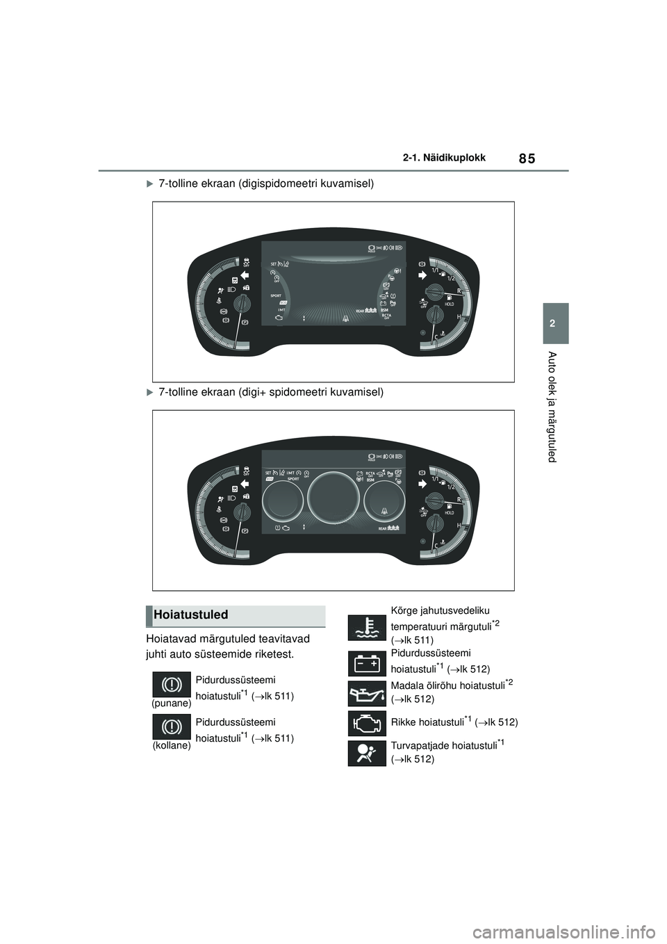 TOYOTA COROLLA HATCHBACK 2022  Kasutusjuhend (in Estonian) 85
2
2-1. Näidikuplokk
Auto olek ja märgutuled
�X7-tolline ekraan (digispidomeetri kuvamisel)
�X7-tolline ekraan (digi+ spidomeetri kuvamisel)
Hoiatavad märgutuled teavitavad 
juhti auto süsteemid