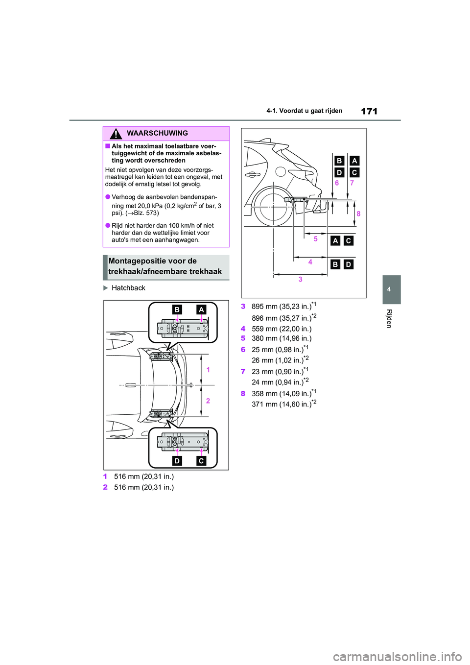 TOYOTA COROLLA HATCHBACK 2022  Instructieboekje (in Dutch) 171
4 4-1. Voordat u gaat rijden
Rijden
Hatchback
1516 mm (20,31 in.)
2516 mm (20,31 in.)3895 mm (35,23 in.)
*1
896 mm (35,27 in.)*2
4559 mm (22,00 in.)
5380 mm (14,96 in.)
625 mm (0,98 in.)
*1
26 