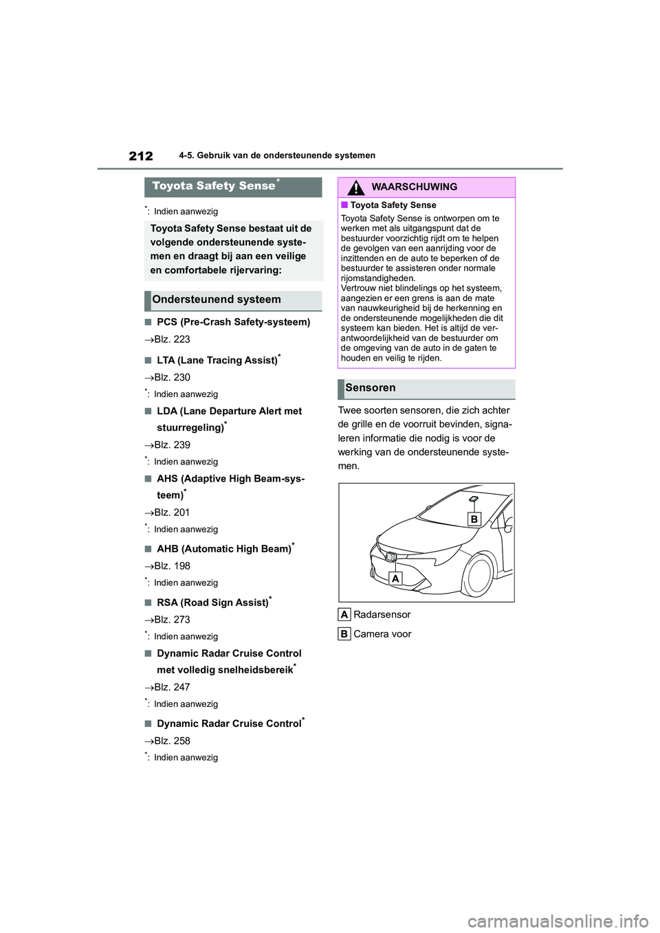 TOYOTA COROLLA HATCHBACK 2022 Instructieboekje (in Dutch) 2124-5. Gebruik van de ondersteunende systemen
4-5.Gebruik van de ondersteunende systemen
*: Indien aanwezig
■PCS (Pre-Crash Safety-systeem)
Blz. 223
■LTA (Lane Tracing Assist)*
Blz. 230
*: TOYOTA COROLLA HATCHBACK 2022 Instructieboekje (in Dutch) 2124-5. Gebruik van de ondersteunende systemen
4-5.Gebruik van de ondersteunende systemen
*: Indien aanwezig
■PCS (Pre-Crash Safety-systeem)
Blz. 223
■LTA (Lane Tracing Assist)*
Blz. 230
*:
