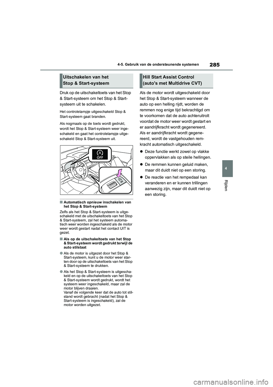 TOYOTA COROLLA HATCHBACK 2022 Instructieboekje (in Dutch) 285
4 4-5. Gebruik van de ondersteunende systemen
Rijden
Druk op de uitschakeltoets van het Stop
& Start-systeem om het Stop & Start-
systeem uit te schakelen.
Het controlelampje uitgeschakeld Stop & TOYOTA COROLLA HATCHBACK 2022 Instructieboekje (in Dutch) 285
4 4-5. Gebruik van de ondersteunende systemen
Rijden
Druk op de uitschakeltoets van het Stop
& Start-systeem om het Stop & Start-
systeem uit te schakelen.
Het controlelampje uitgeschakeld Stop &