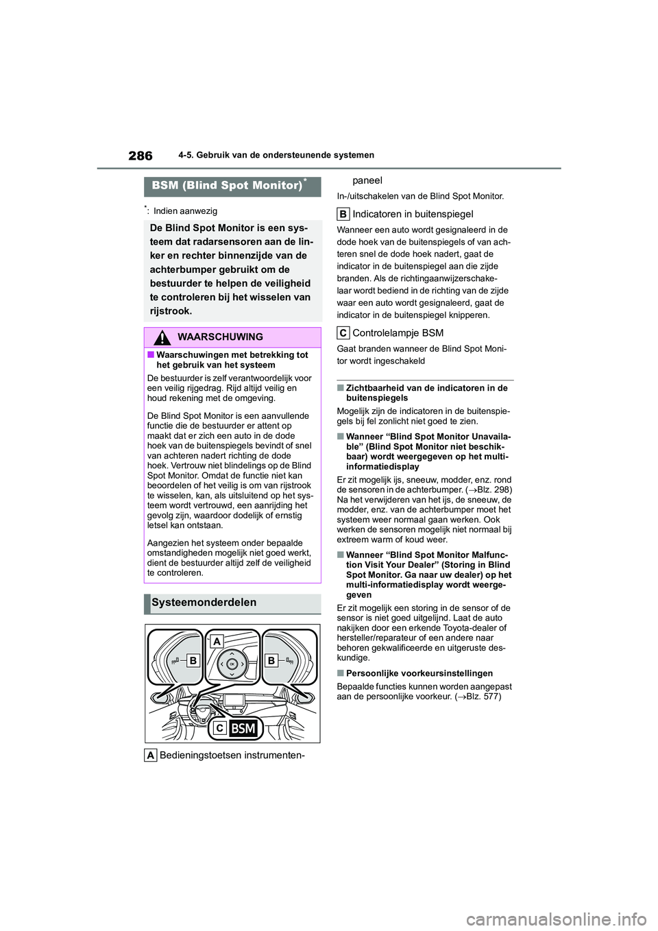 TOYOTA COROLLA HATCHBACK 2022 Instructieboekje (in Dutch) 2864-5. Gebruik van de ondersteunende systemen
*: Indien aanwezig
Bedieningstoetsen instrumenten-paneel
In-/uitschakelen van de Blind Spot Monitor.
Indicatoren in buitenspiegel
Wanneer een auto wordt TOYOTA COROLLA HATCHBACK 2022 Instructieboekje (in Dutch) 2864-5. Gebruik van de ondersteunende systemen
*: Indien aanwezig
Bedieningstoetsen instrumenten-paneel
In-/uitschakelen van de Blind Spot Monitor.
Indicatoren in buitenspiegel
Wanneer een auto wordt