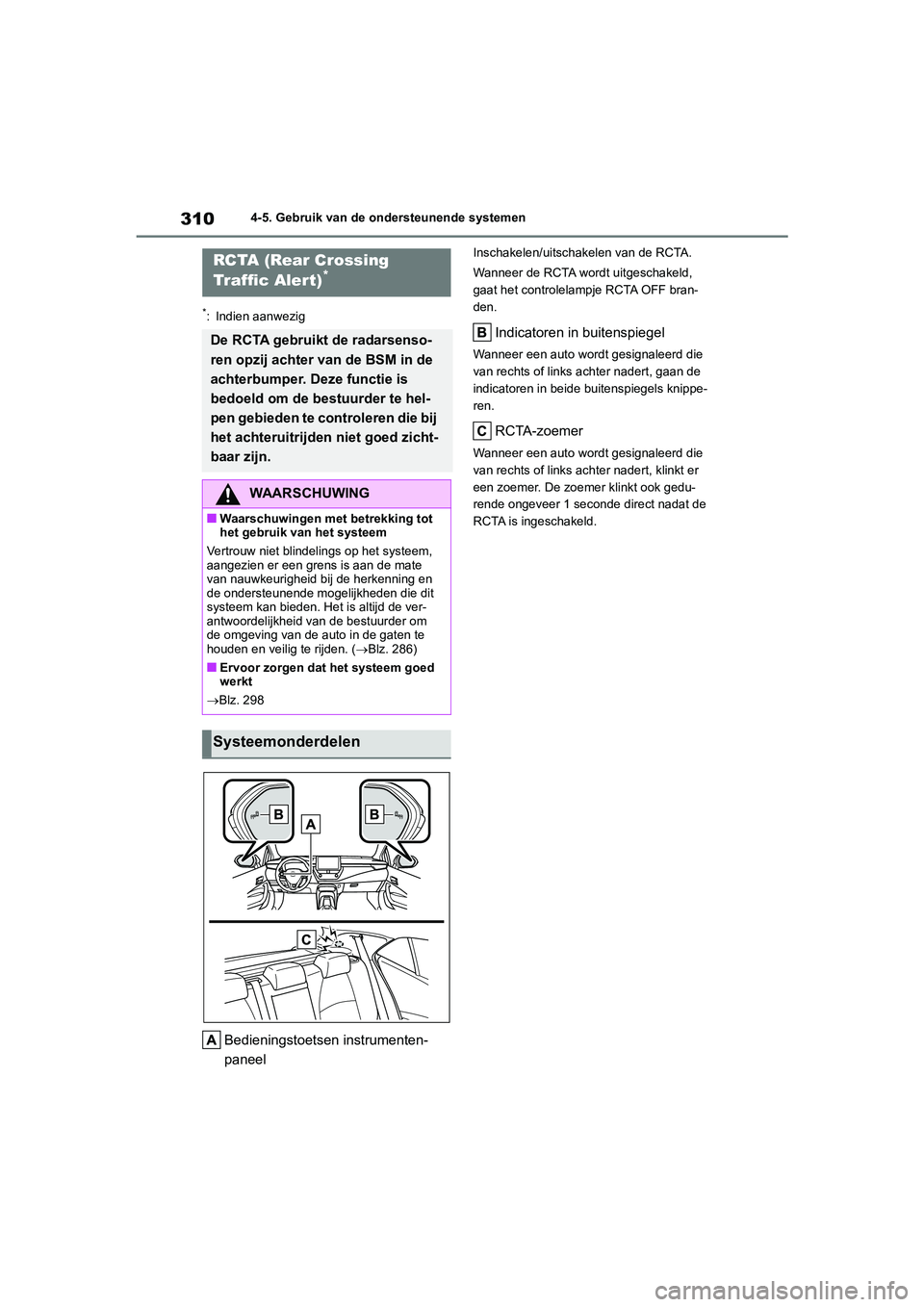 TOYOTA COROLLA HATCHBACK 2022  Instructieboekje (in Dutch) 3104-5. Gebruik van de ondersteunende systemen
*: Indien aanwezig
Bedieningstoetsen instrumenten-
paneel
Inschakelen/uitschakelen van de RCTA.
Wanneer de RCTA wordt uitgeschakeld, 
gaat het controlela